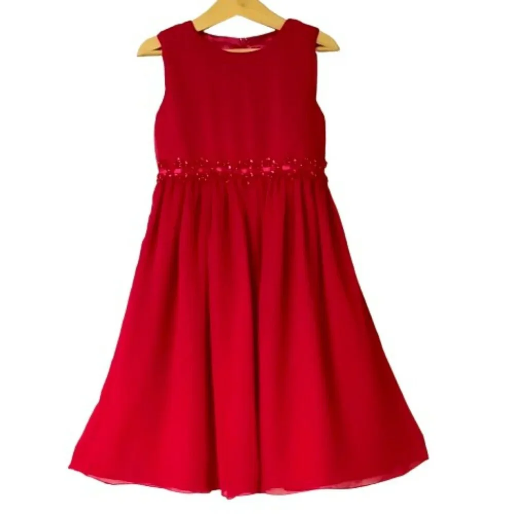 American Princess Red Chiffon Dress 5 Pleated with Floral Beaded Waist Christmas